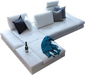 Divano angolare con chaiselong Virglio con 3 spalliere spostabile <br> vano tavolino-contenitore e 2 bracci regolabili 